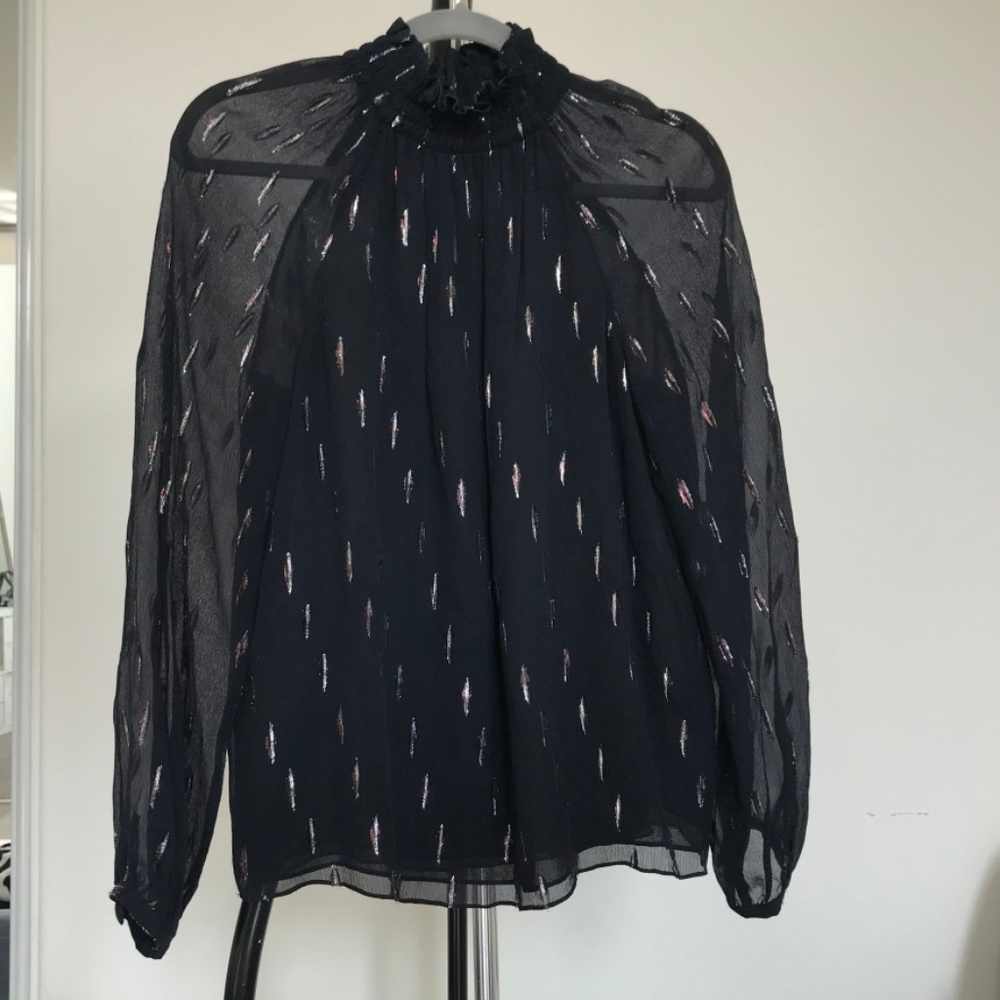 REBECCA TAYLOR Navy Blue Silk Long Sleeve Top